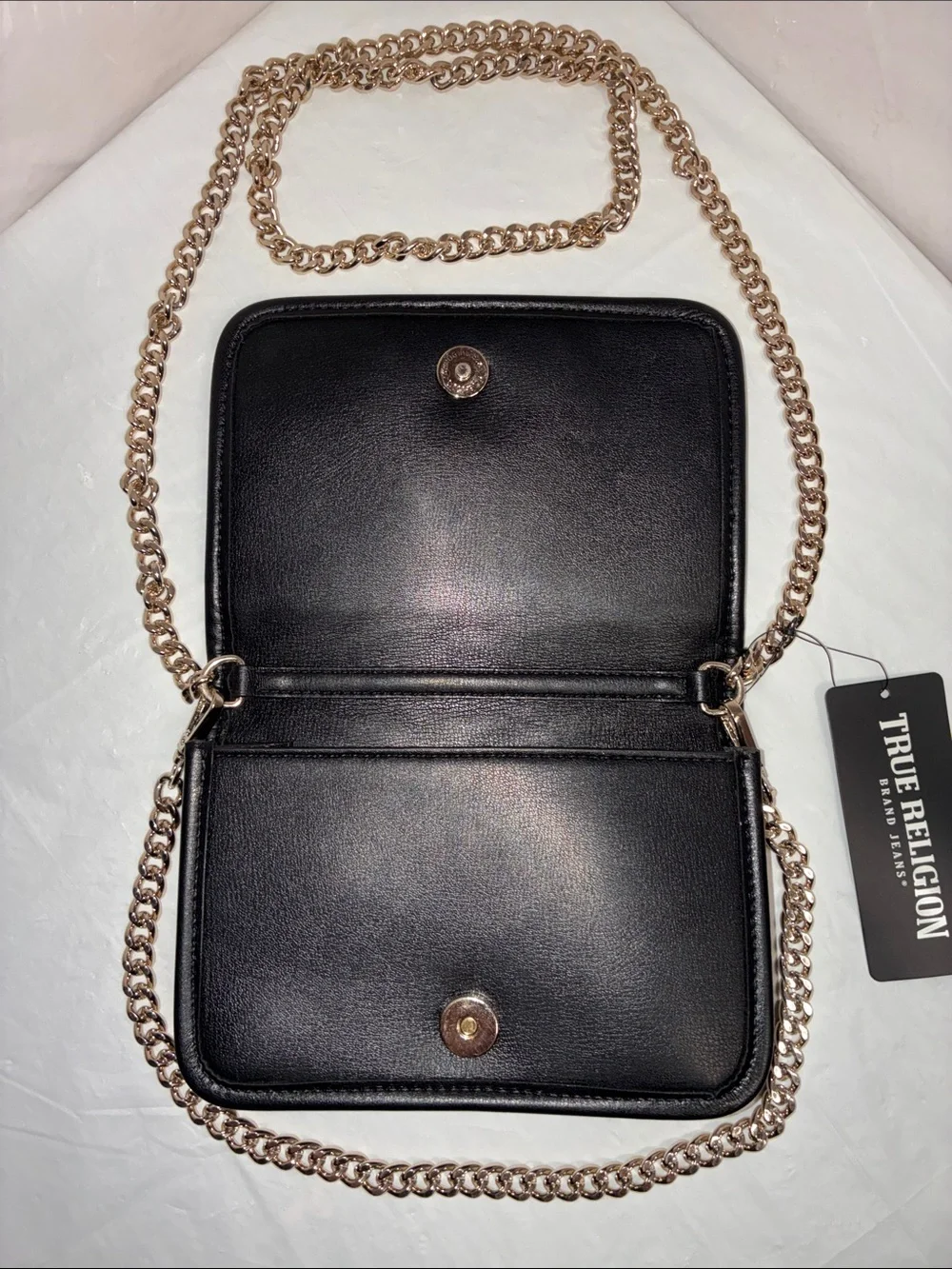 True Religion Black Quilted Studded Crossbody with Gold Chain